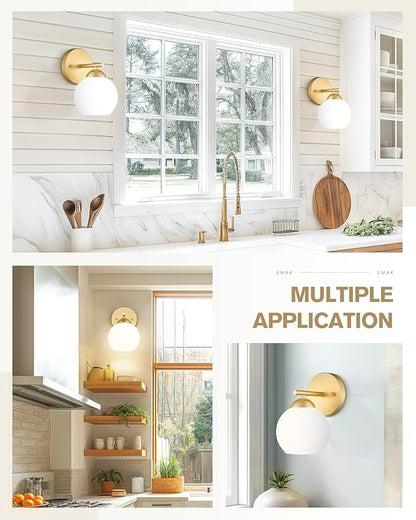Emak Modern 2 Pack Globe Wall Sconce, Gold Vanity Light with Milk Glass Shade for Bathroom, Living Room, Pictures, Bedroom,Hallway, WS114-GD-ML-2PK