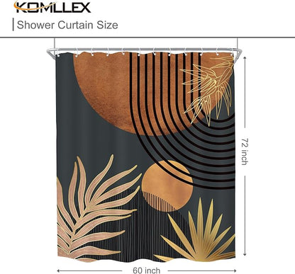 Mid Century Brown Black Boho Abstract Modern Bathroom Shower Curtain Set | 60Wx72L Plant Botanical design, waterproof HD print with fast-drying fabric and 12 hooks.