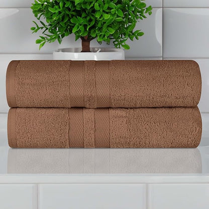 Superior Ultra-Soft Cotton Bath Towel Set, Quick-Dry, Absorbent, Shower, Spa Basics, Large Towels, Bathroom Sets, Bath Essentials, Solid, Double Line Dobby Border, 2 Pack, Set of 2, Chocolate Brown