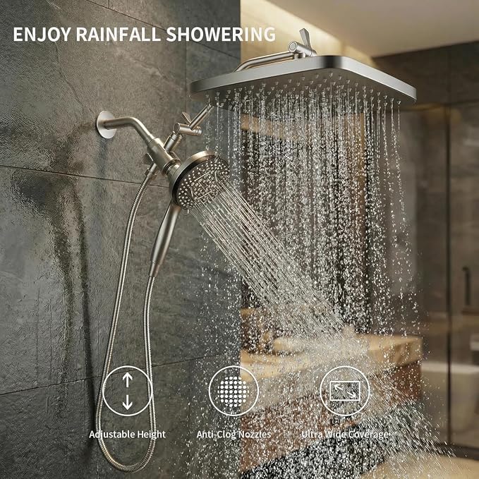High Pressure Shower Head with Handheld, Upgrade Rain Shower Heads with Fixed Showerhead Combo, 10 Sprays Handheld Shower Head Built in Power Jets, 71" Long Hose, Chrome Silver