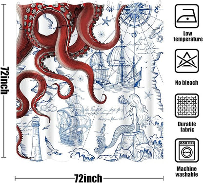 Fungarth Red Nautical Octopus Shower Curtain Navy Blue Mermaid Funny Ocean Kraken Shower Curtains for Bathroom Cool Anchor Coastal Map Waterproof Fabric Bath Curtain Decor with Hooks (Red, 72” x 72”)