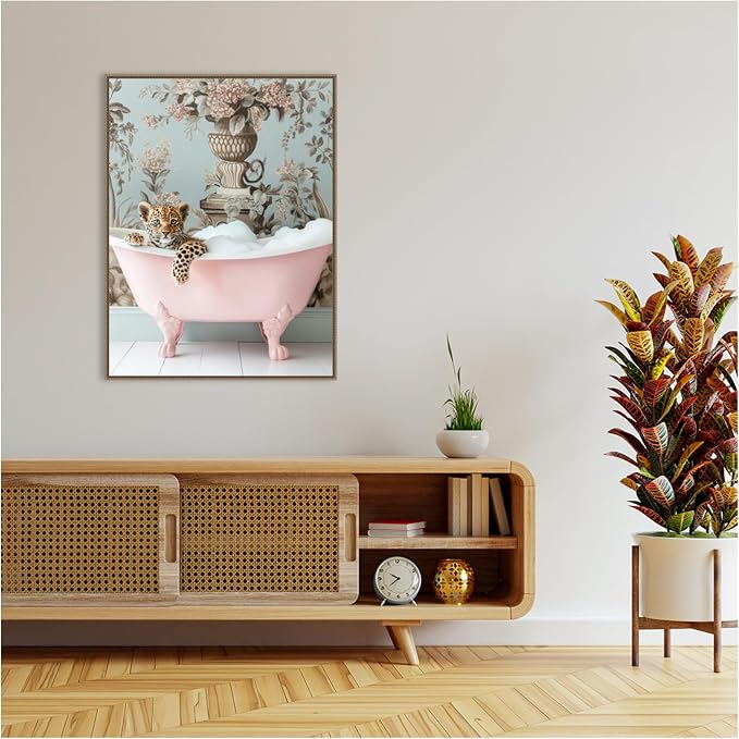 Amanti Art Framed Canvas Wall Art 42x32 Leopard Pink Bubble Bath by Niky Rahner, Framed Wall Art Canvas, Animals Artwork, Traditional Decor, Oversize Poster Painting for Living Room, Bedroom, Bathroom