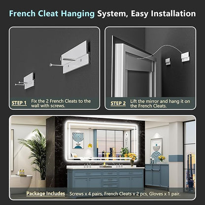 84x40 LED Bathroom Mirror with Lights, Backlit and Front Lit Anti-Fog Lighted Vanity Mirrors for Bathroom Wall, Dimmable, 3-Color Light, Memory, Shatter-Proof, HD Tempered Glass, CRI＞90