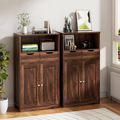 Vongrasig Bathroom Storage Cabinet, 42.5" H Freestanding Floor Cabinet | Wooden Modern Cabinet with 2 Drawers, Open Shelf and Adjustable Shelf for Bathroom, Laundry Room and Entryway, Walnut