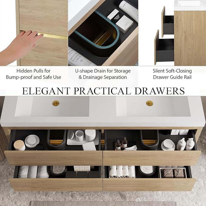 60" Wall-Mounted Bathroom Vanity, Double Sink Floating Cabinet with Stone Resin Countertop & Soft-Close Drawers, Modern Floating Storage Solution,Natural Oak