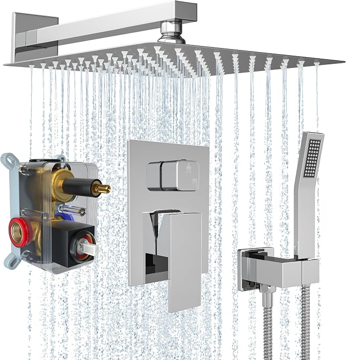 Rain Shower Faucet Set 12 Inch Shower Head High Pressure Shower System with Handheld Spray Rough-in Valve and Trim Kit for Bathroom,Chrome Polished | Air Injection High Pressure Bathroom Shower System, Solid Metal Wall Mount Anti-Scald Water Saving Rai...
