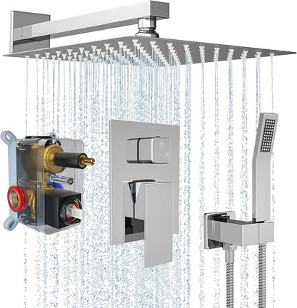 Rain Shower Faucet Set 12 Inch Shower Head High Pressure Shower System with Handheld Spray Rough-in Valve and Trim Kit for Bathroom,Chrome Polished | Air Injection High Pressure Bathroom Shower System, Solid Metal Wall Mount Anti-Scald Water Saving Rai...