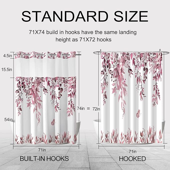 No Hook Shower Curtain and Liner Set, Dark Red Eucalyptus 71x74 | Floral Design, with Snap in Liner, See-Through Top Window, Waterproof, Machine Washable, Quick-Drying, for Hotel Bathroom