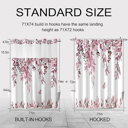 No Hook Shower Curtain and Liner Set, Dark Red Eucalyptus 71x74 | Floral Design, with Snap in Liner, See-Through Top Window, Waterproof, Machine Washable, Quick-Drying, for Hotel Bathroom