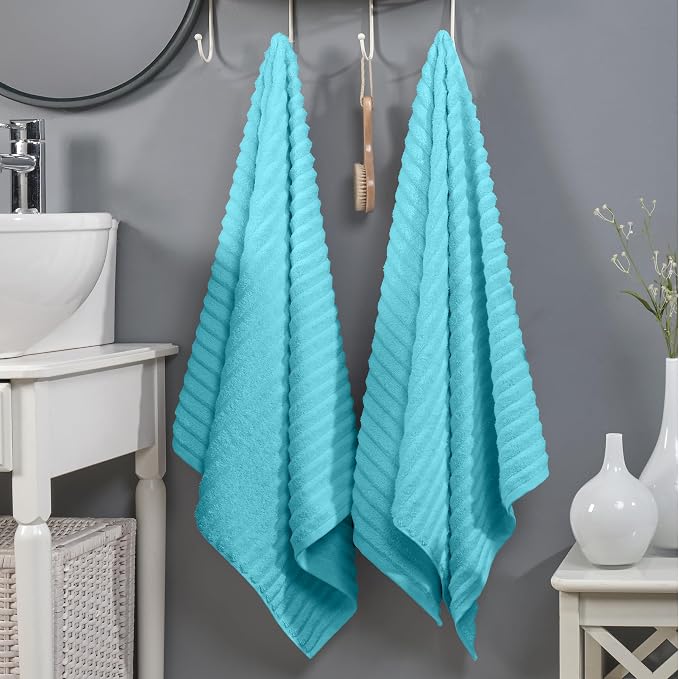 Elegant Comfort 100% Turkish Cotton Corduroy Ribbed Luxury Soft 2 Pack Bath Towels 27 x 54 Inch - Ultra Plush, Absorbent, Quick Dry, Hotel Spa Quality Towels for Bathroom Essentials, Aqua