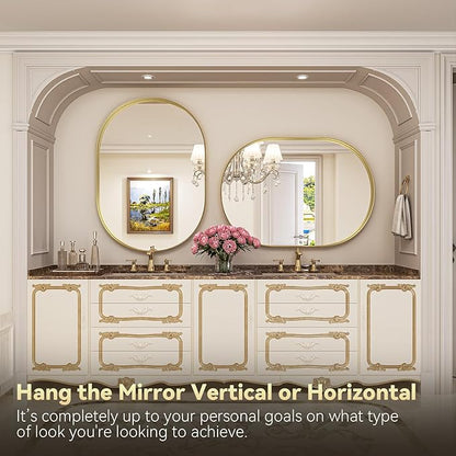 Brightify Gold Oval Mirror for Wall 30x42 Inch, Metal Framed Bathroom Vanity Mirrors, Modern Pill Shaped Mirror for Bedroom Living Room Wall Decorative Hang Vertical and Horizontal