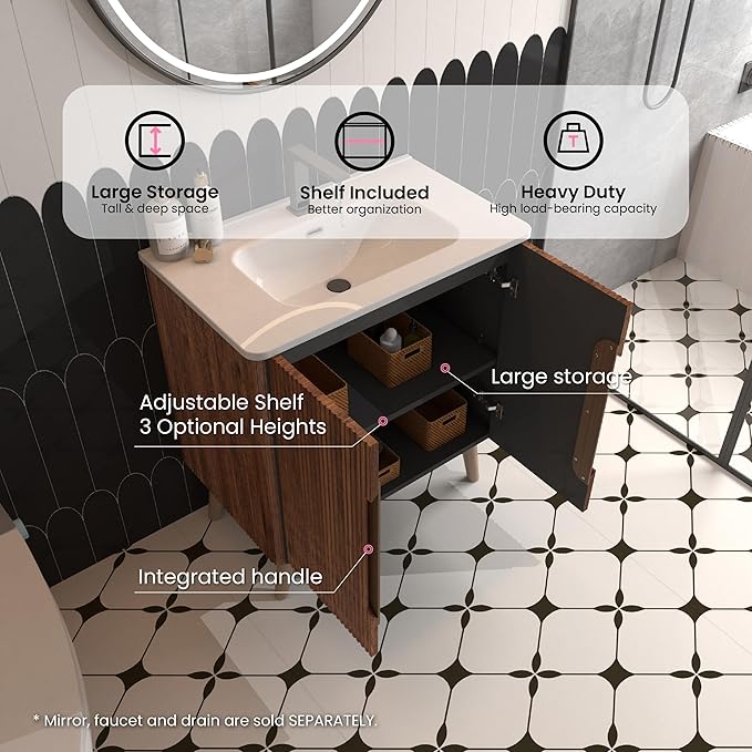 30" Modern Bathroom Vanity with Sink, Mid Century Modern Walnut Bathroom Cabinet with 2 Soft Close Doors, Large Storage with Shelf for Small Space, Apartment & Hotel Style