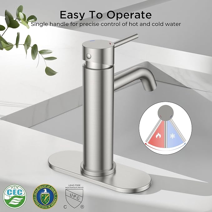 FORIOUS Bathroom Faucet 1 Hole, Single Handle Sink Faucets Brushed Nickel | for 1 or 3 Hole 4 Inch Centerset Sink, with Pop-up Drain, NSF61 Certified, for Vanity Rv Commercial Lavatory Restroom Basin