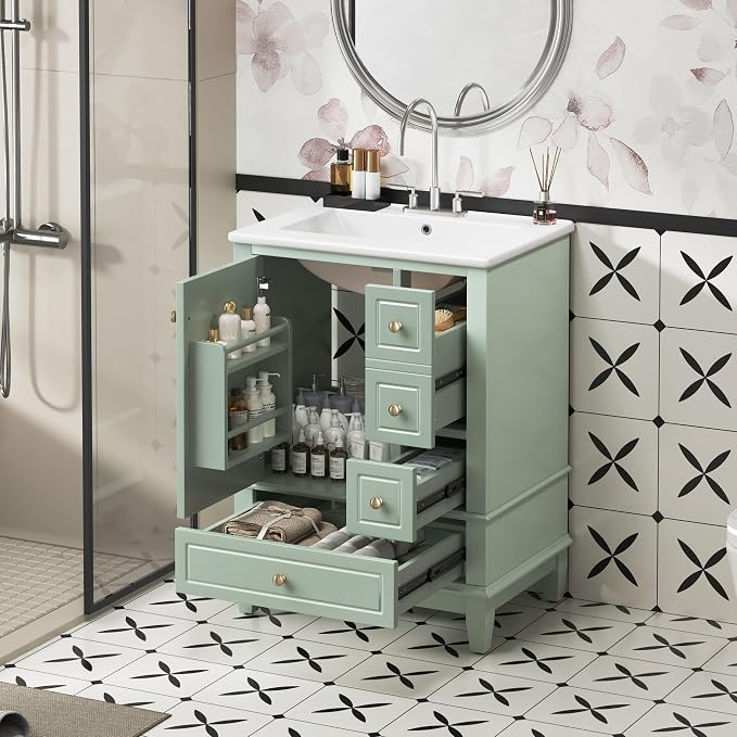Bathroom Vanity with Ceramic Sink 24 Inch, Cabinet with One Door and Three Drawers, Soft-Closing Door, Solid Wood Legs, Green