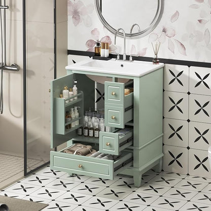 Bathroom Vanity with Ceramic Sink 24 Inch, Cabinet with One Door and Three Drawers, Soft-Closing Door, Solid Wood Legs, Green