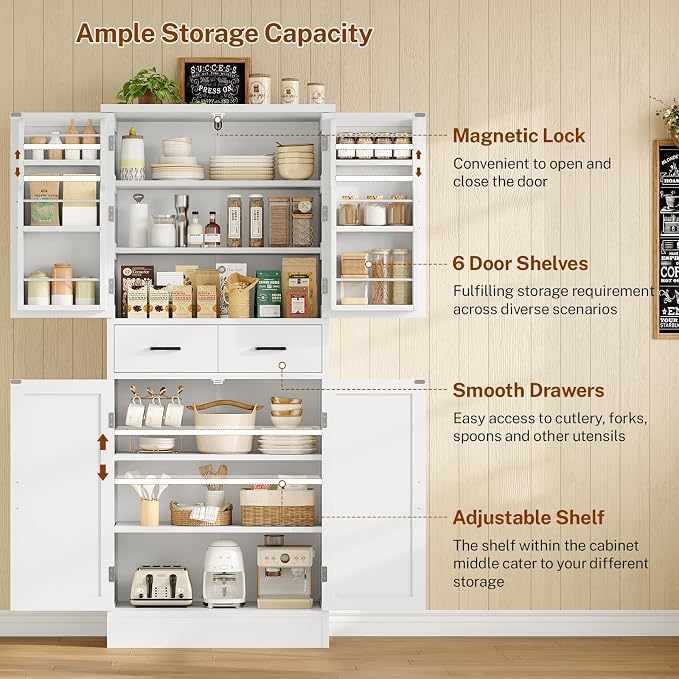 Farmhouse Pantry Cabinet, 66.9″H Tall Kitchen Storage Cabinet with Barn Doors, Adjustable Shelves & Drawer, Freestanding Cupboard for Kitchen, Dining Room, Living Room, Bathroom, White