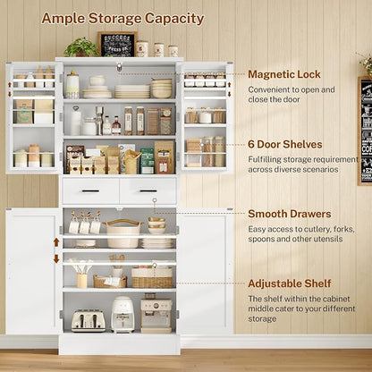 Farmhouse Pantry Cabinet, 66.9″H Tall Kitchen Storage Cabinet with Barn Doors, Adjustable Shelves & Drawer, Freestanding Cupboard for Kitchen, Dining Room, Living Room, Bathroom, White