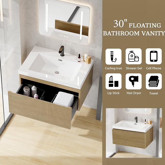 30 Inch Floating Bathroom Vanity with Sink, Modern Oak Wall Mounted Floating Vanity with Glossy Resin Sink, Soft Closing Drawer, Fully Pre Assembled Bathroom Vanity, Natural Oak