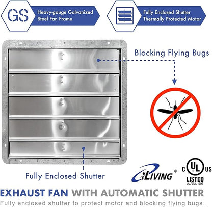 iLiving New Upgraded 20" Wall Mounted Exhaust Fan - Automatic Shutter - Variable Speed - Vent Fan For Home, Attic, Shed, or Garage Ventilation, 115V, 2.2A, Silver