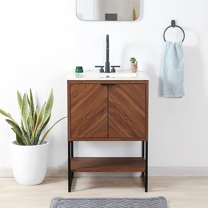 JONATHAN Y VAN1013B Juhl 23.5 in. W x 18 in. D x 33 in. H Chevron-Front Modern Minimalist 2-Shelf Bathroom Vanity Cabinet Only with Soft Closing Doors (Sink Basin Not Included), Walnut