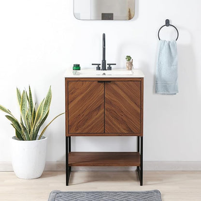 JONATHAN Y VAN1013B Juhl 23.5 in. W x 18 in. D x 33 in. H Chevron-Front Modern Minimalist 2-Shelf Bathroom Vanity Cabinet Only with Soft Closing Doors (Sink Basin Not Included), Walnut