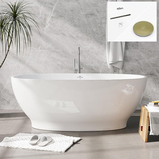FerdY Koh Samui 65" Freestanding Bathtub, Elegant Oval Shape, Double Walled Insulation Bathtub with Center Brushed Gold Drain & Minimalist Linear Design Overflow