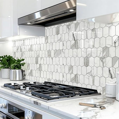 Vamos Tile Long Hexagon Peel and Stick Backsplash Tile - 10 Sheets Stick on Backsplash for Kitchen and Bathroom 12.4 x 12 Inch Glossy Carrara White PVC Self Adhesive Mosaic Wall Tiles