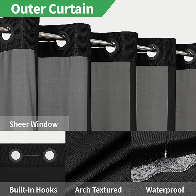 eachope No Hook Boho Arch Shower Curtain with Snap-in Liner Set,71x80,Black | 230GSM Thick Fabric,Easy to Install,Sheer Window,Magnetic Weighted Hem,Waterproof & Machine Washable,for Bathroom,Hotel
