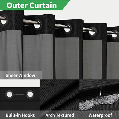 eachope No Hook Boho Arch Shower Curtain with Snap-in Liner Set,71x80,Black | 230GSM Thick Fabric,Easy to Install,Sheer Window,Magnetic Weighted Hem,Waterproof & Machine Washable,for Bathroom,Hotel