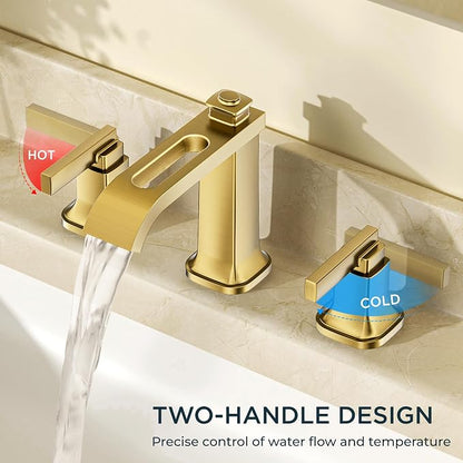 FORIOUS Bathroom Faucet 3 Hole Widespread Sink Faucets Brushed Gold | 3-hole 4-12 Inch Widespread Sink, Square Waterfall Spout, with Drain and Hoses,for Vanity Rv Commercial Lavatory Restroom