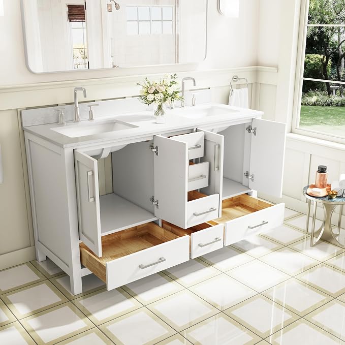 60-Inch Bathroom Vanity with Sink, 4 Soft-Close Doors and 6 Soft-Close Drawers, Bathroom Freestanding Vanity with Cultured Marble Countertop, White Vanity with Brushed Nickel Handles