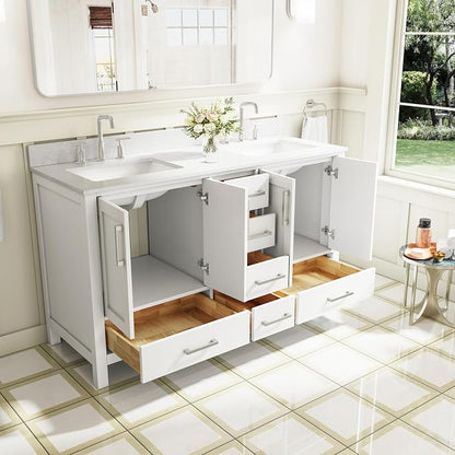 60-Inch Bathroom Vanity with Sink, 4 Soft-Close Doors and 6 Soft-Close Drawers, Bathroom Freestanding Vanity with Cultured Marble Countertop, White Vanity with Brushed Nickel Handles