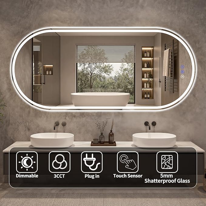 Oval LED Bathroom Mirror, 26"x 55" Led Full Length Mirror | Frameless Large LED Mirror with Front Light & Backlit, Anti-Fog, Dimmable Wall Mounted Lighted Mirror, Smart Bathroom Mirror