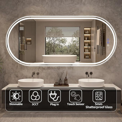 Oval LED Bathroom Mirror, 26"x 55" Led Full Length Mirror | Frameless Large LED Mirror with Front Light & Backlit, Anti-Fog, Dimmable Wall Mounted Lighted Mirror, Smart Bathroom Mirror