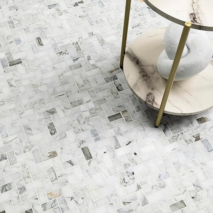 MSI Calacatta Cressa Herringbone Honed Marble Tile for Kitchen Backsplash, Wall Tile for Bathroom, Accent Wall Tile, and Shower Wall Tile, Mesh-Mounted Mosaic Tile, 11.61 x 11.61, White, 10 Piece