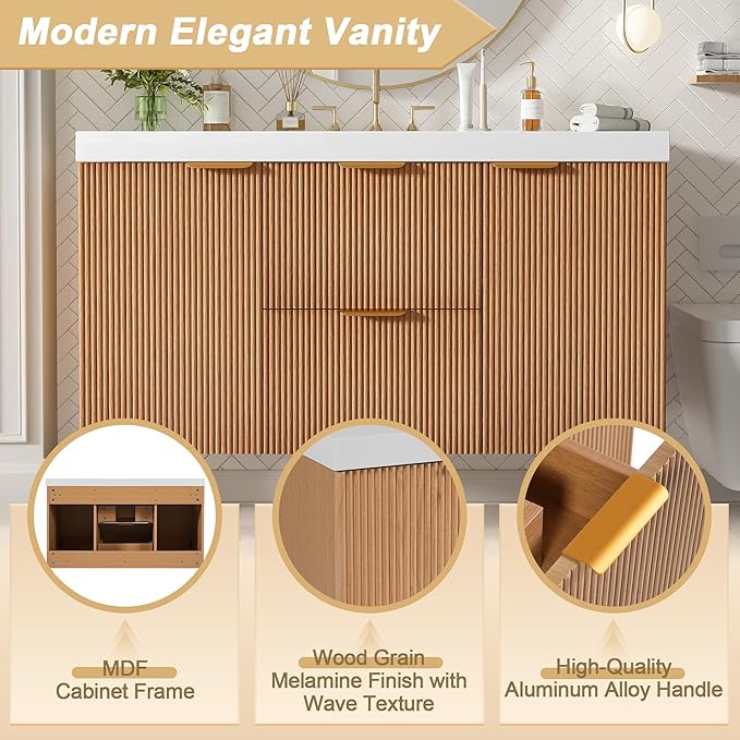 Merax 42 inch Bathroom Vanity with Sink, Wall Mounted Storage Vanities with Drawer and Door, SMC Resin Countertop and Basin, Single Sink, Nature Wood