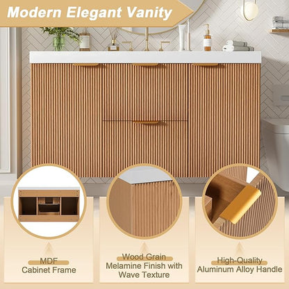 Merax 42 inch Bathroom Vanity with Sink, Wall Mounted Storage Vanities with Drawer and Door, SMC Resin Countertop and Basin, Single Sink, Nature Wood
