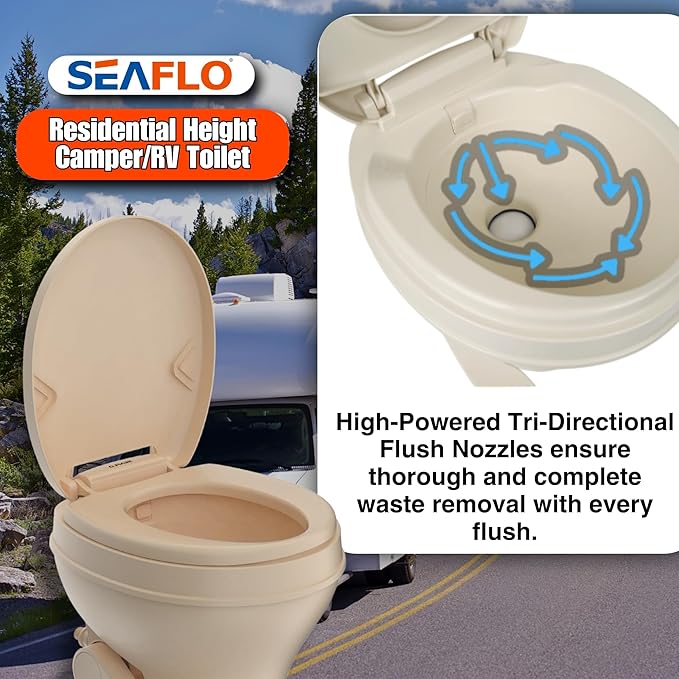 SEAFLO Bone-Colored Residential Height Camper/RV Toilet, 18.5” Height, Gravity Flush, Foot Pedal, Oversized Bowl, Soft-Close Seat, 4-Year Warranty