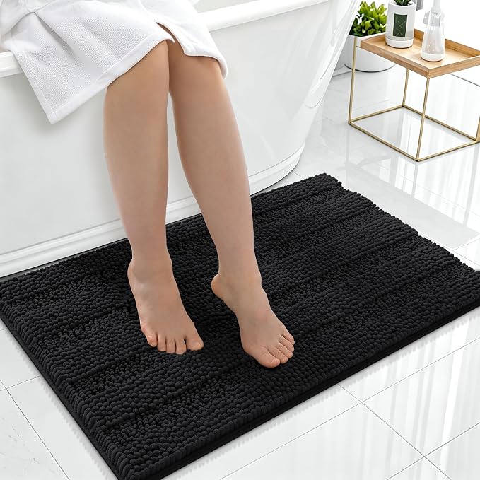 Smiry Thick Chenille Bathroom Rugs 36x24, Soft Absorbent Bath Mat, Black | Quick‑Dry & Machine Washable, Non‑Slip Bath Carpet, Striped Bath Rugs for Tub & Shower, Modern Home Decor Accessories