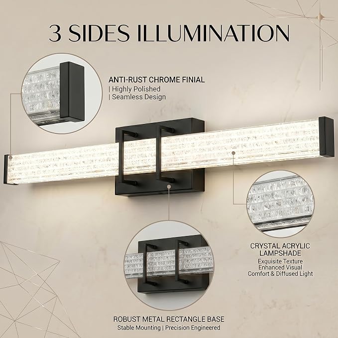 URSOLA 24" Modern LED Bathroom Light Fixtures, Matte Black 3CCT Dimmable Bathroom Vanity Light Over Mirror, Bathroom Vanity Bath Bar Lights with Crystal Acrylic Shade