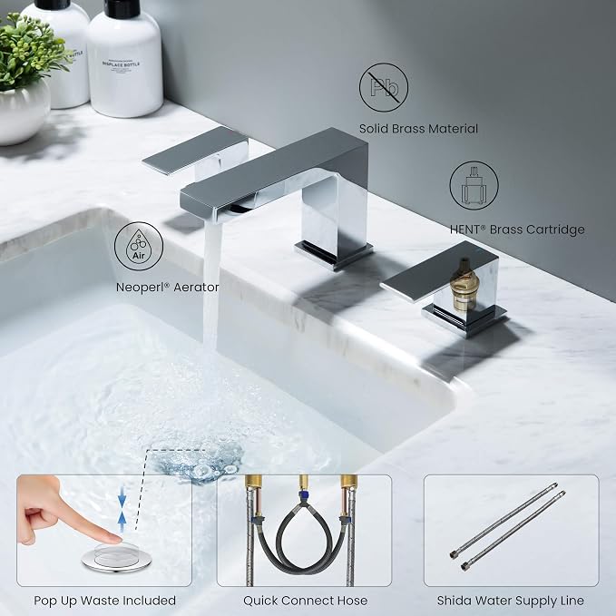 8 Inch Widespread Bathroom Sink Faucet with Drain Assembly, Solid Brass 2 Handle 3 Hole Bathroom Vanity Faucet, Chrome Finish, Modern Bathroom Faucet