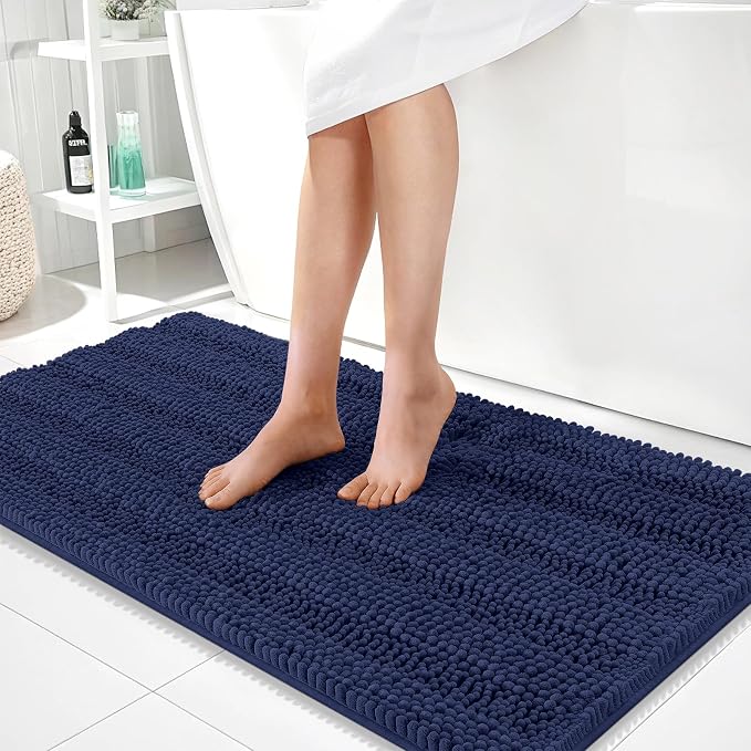 OLANLY Bathroom Runner Rugs 44x24, Chenille Bath Rugs, Twilight Sapphire | Rubber Backing, Machine Wash, Extra Absorbent Striped Bath Mats for Bathroom Floor, Tub and Shower, Home Decor Accessories