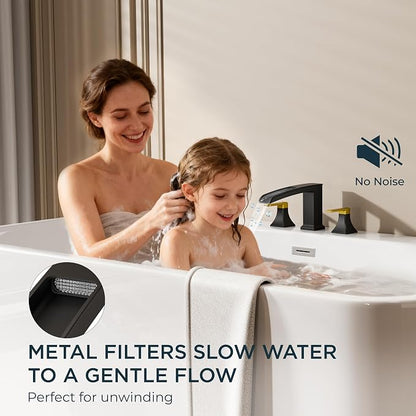 FORIOUS Roman Bathtub Faucet 3 Hole Deck Mount with 2 Handle Black and Gold | Tub Faucet for 3-Hole Set, 6-12" Centered Distance, Widespread Garden Bath Tub, Waterfall Spout, High Flow, Brass