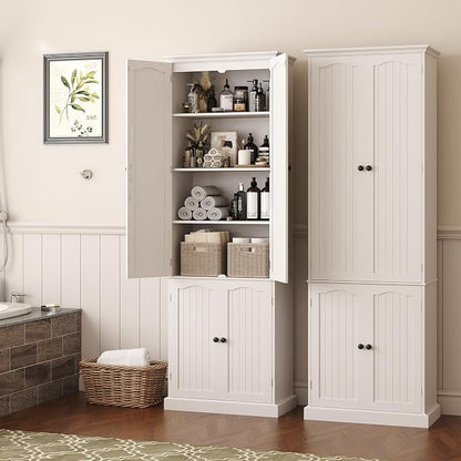 Function Home 72" Kitchen Pantry Cabinet, Tall Wood Storage Cabinet with Doors and Adjustable Shelves, 6-Tier Freestanding Cupboard for Kitchen Dining Room Living Room Bathroom, White