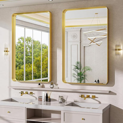 Bathroom Mirrors for Over Sink 30 x 48 Inch Rounded Corner Rectangle Bathroom Vanity Mirror Bathroom Mirror for Wall Hangs Horizontally or Vertically for Living Room Bedroom Entryway Gold