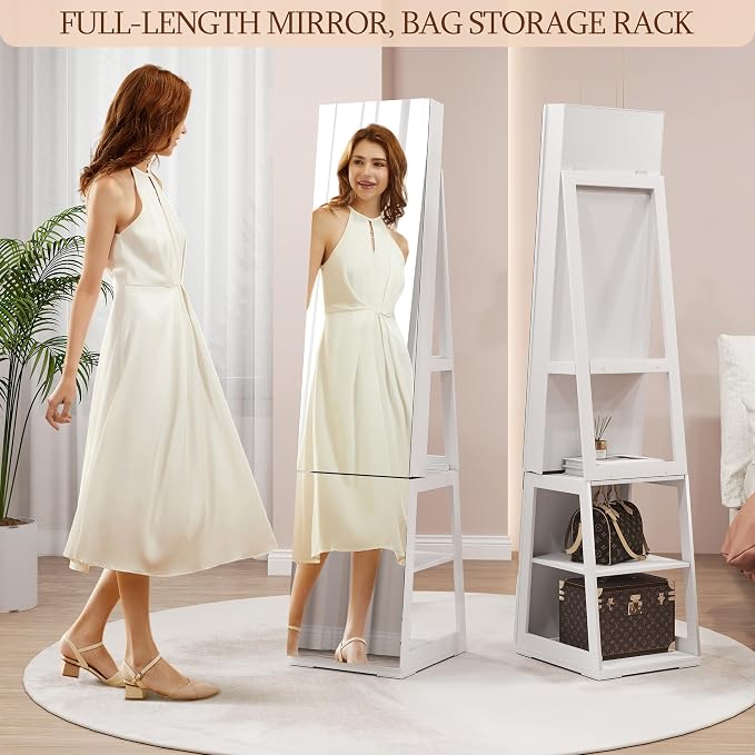 FOCALWEET LED Lockable Mirror Jewelry Cabinet, 360° Swivel Jewelry Organizer Armoire Standing, Frameless Full-Length Mirror, 63'' Standing Jewelry Mirror with Storage for Jewelry, White