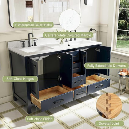 60-Inch Bathroom Vanity with Sink, 4 Soft-Close Doors and 6 Soft-Close Drawers, Bathroom Freestanding Vanity with Cultured Marble Countertop, Navy Blue Vanity with Matte Black Handles