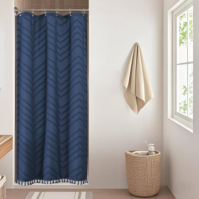 Small Boho Stall Shower Curtain, Dusty Blue Fabric Cloth Stall Shower Curtain 36 x 72 Half Size with Tassel Tufted Chevron Striped Textured Modern Farmhouse for Bathroom, Machine Washable