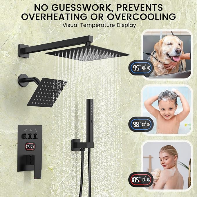 Longriver 3-Push Button Shower Faucet Set Hydro Power Temperature Display | Shower System Wall Mounted 10" & 6" Shower Head with 3-Spary Handheld, Shower Fixtures with Valve and Trim Kit, Matte Black