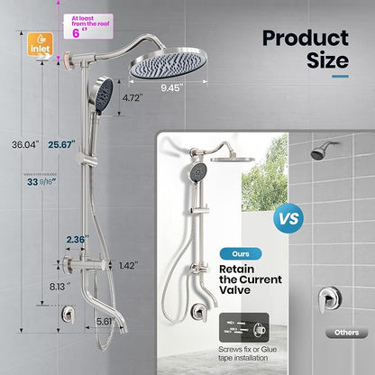 Rainshower Head with Handheld Spray, Retrofit Shower System | Solid Brass Connecter, High Pressure Shower Head with Adjustable Holder& Tub Spout, 60" Stainless Steel Hose, Brushed Nickel